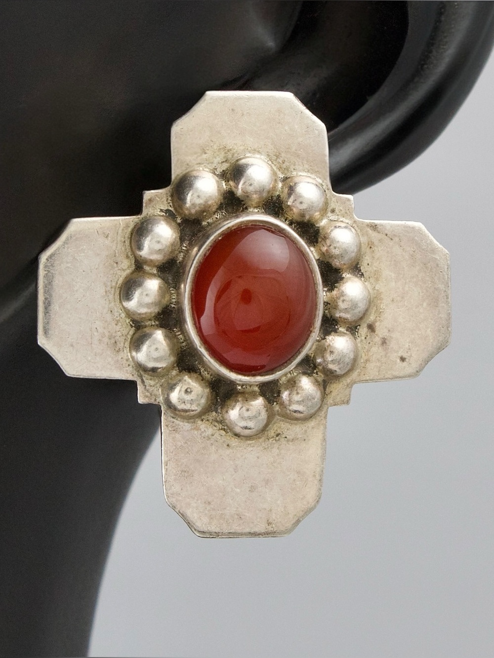 Vintage Taxco Carnelian Sterling Silver Cross Clip On Earrings